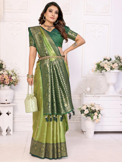 Alluring Green Zari Weaving Banarasi Silk Traditional Saree With Blouse